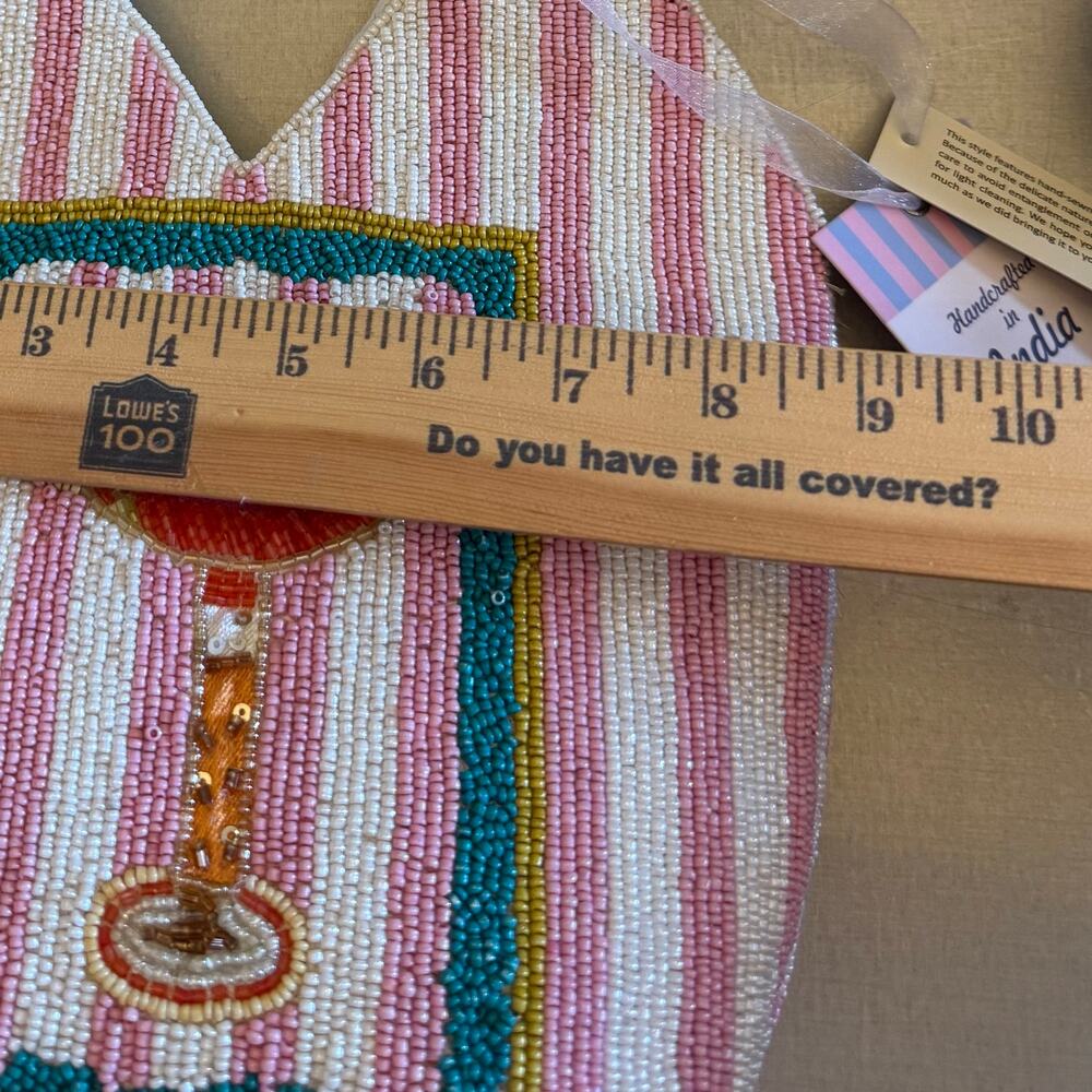 NWT Viral Handcrafted In India Beaded Pink White Striped Tote Cocktail Bag - Picture 11 of 11
